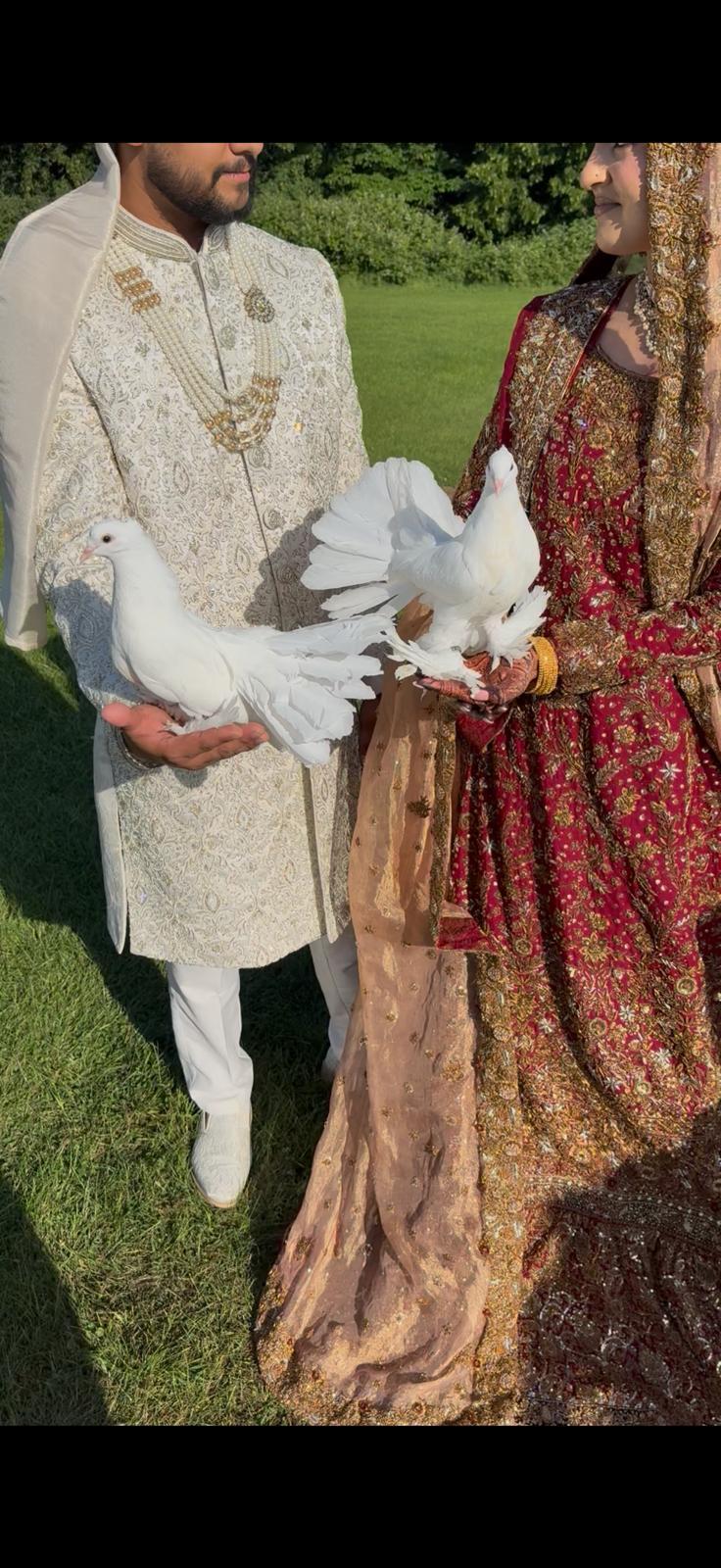 Bride and groom in traditional attire each holding a white dove on a sunlit lawn