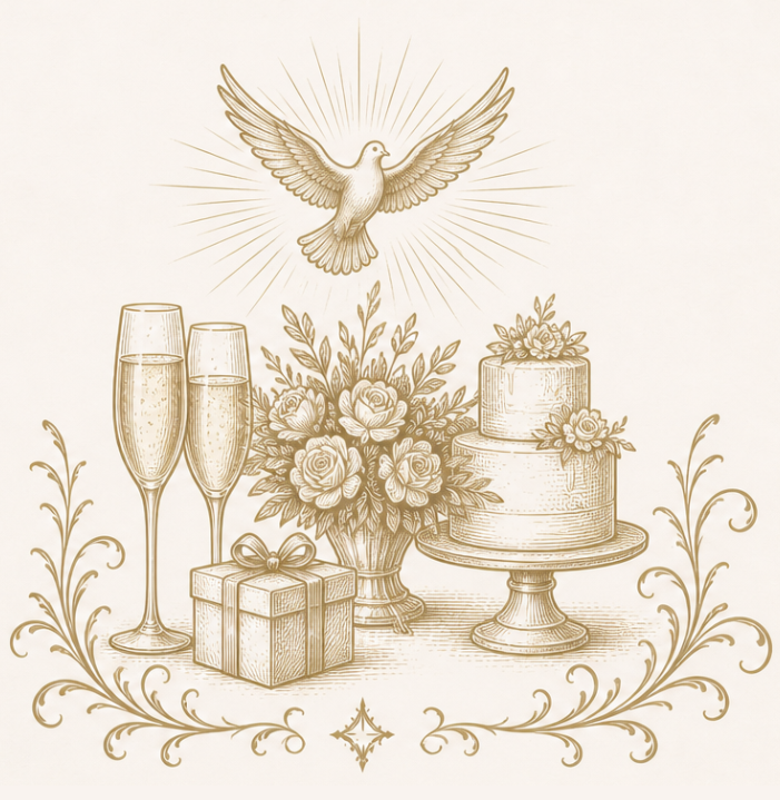 An illustration of a tiered cake, champagne flutes, and a bouquet