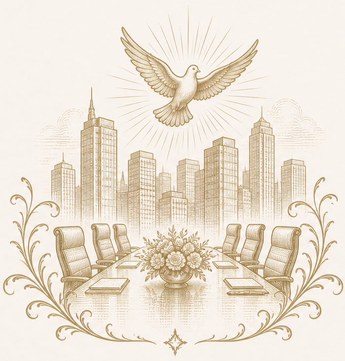 An illustration of a boardroom with a city skyline beyond