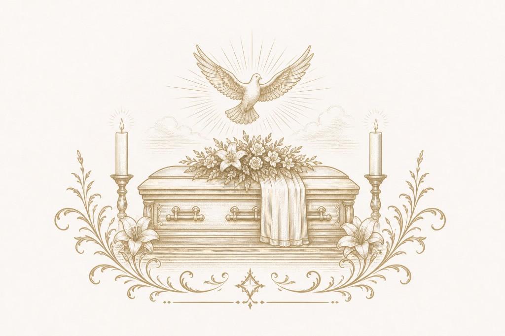 An illustration of a casket adorned with lilies between two candles