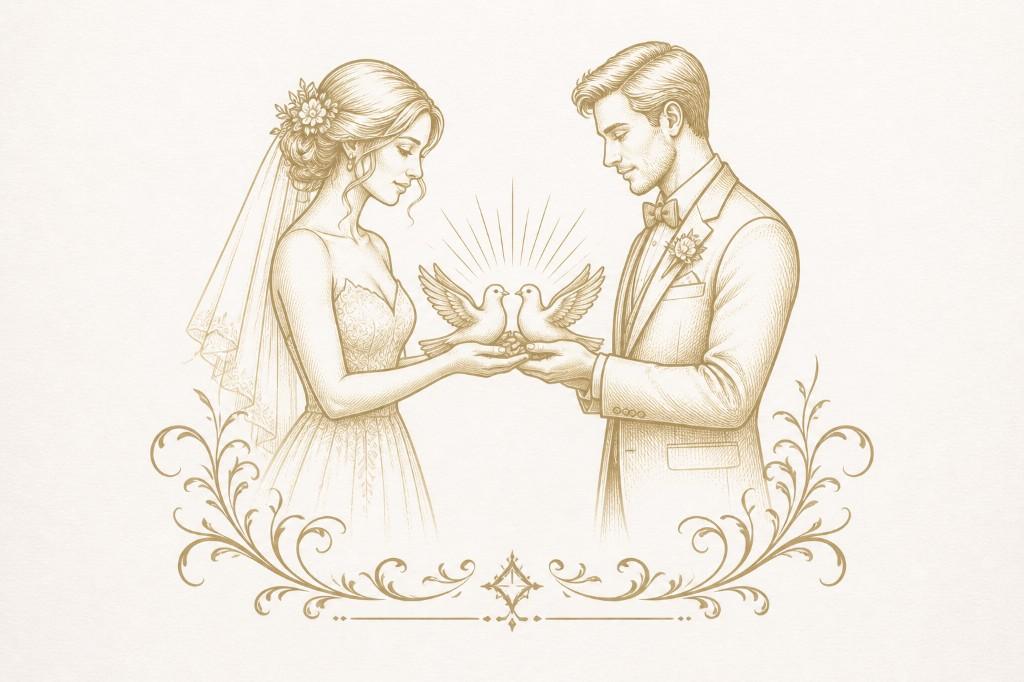 An illustration of a bride and groom releasing two doves